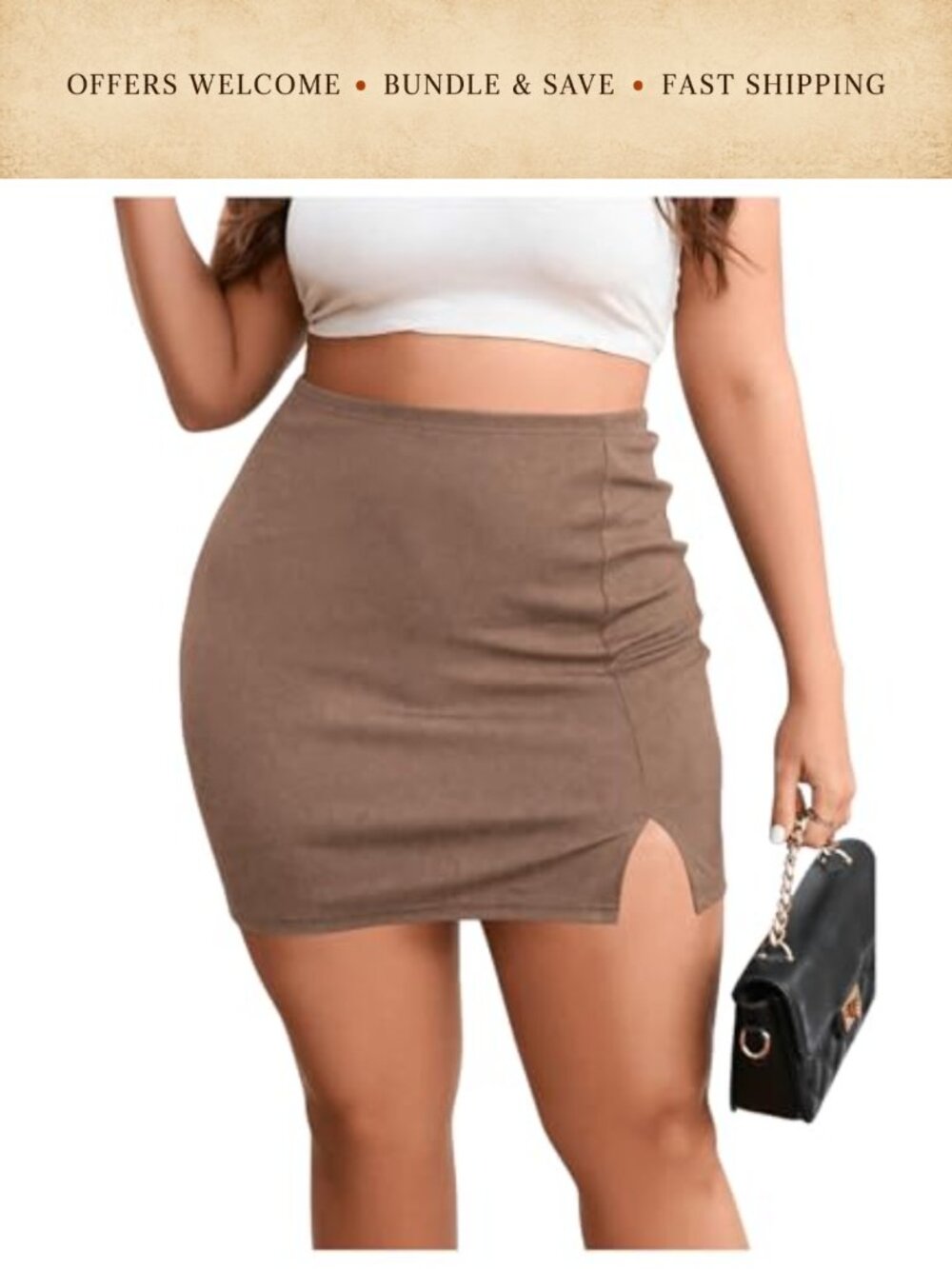 Plus Size High Waisted Bodycon Mini Skirt with Split Hem